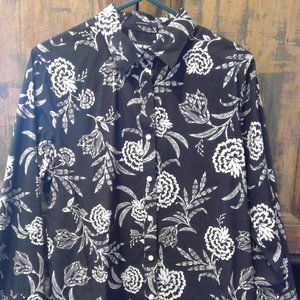 New Lands End Womens Black/White Floral No Iron Supima Button Shirt- Size 6 Tall